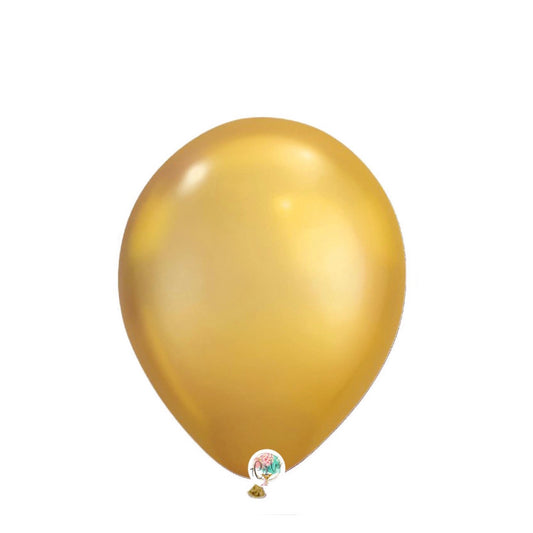 100-pack chrome gold latex balloons by 7Circles in 5, 9, and 11 inches, perfect for elegant party decor. Globos dorados para eventos.