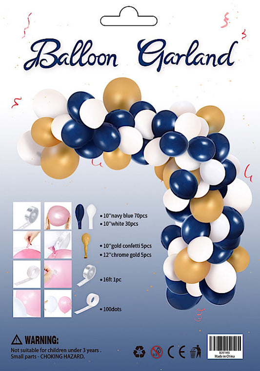 Balloon Garland Arch Navy Blue White Gold 