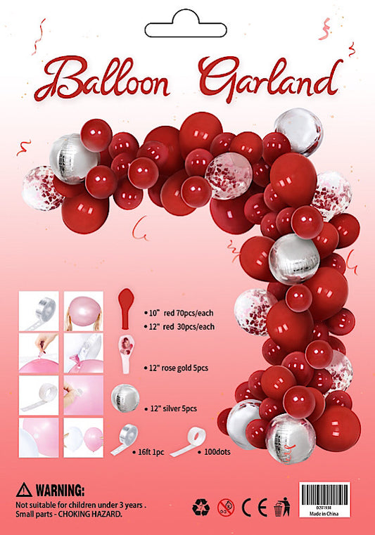 Arch Balloon Garland Deep Red and Silver 112 pieces