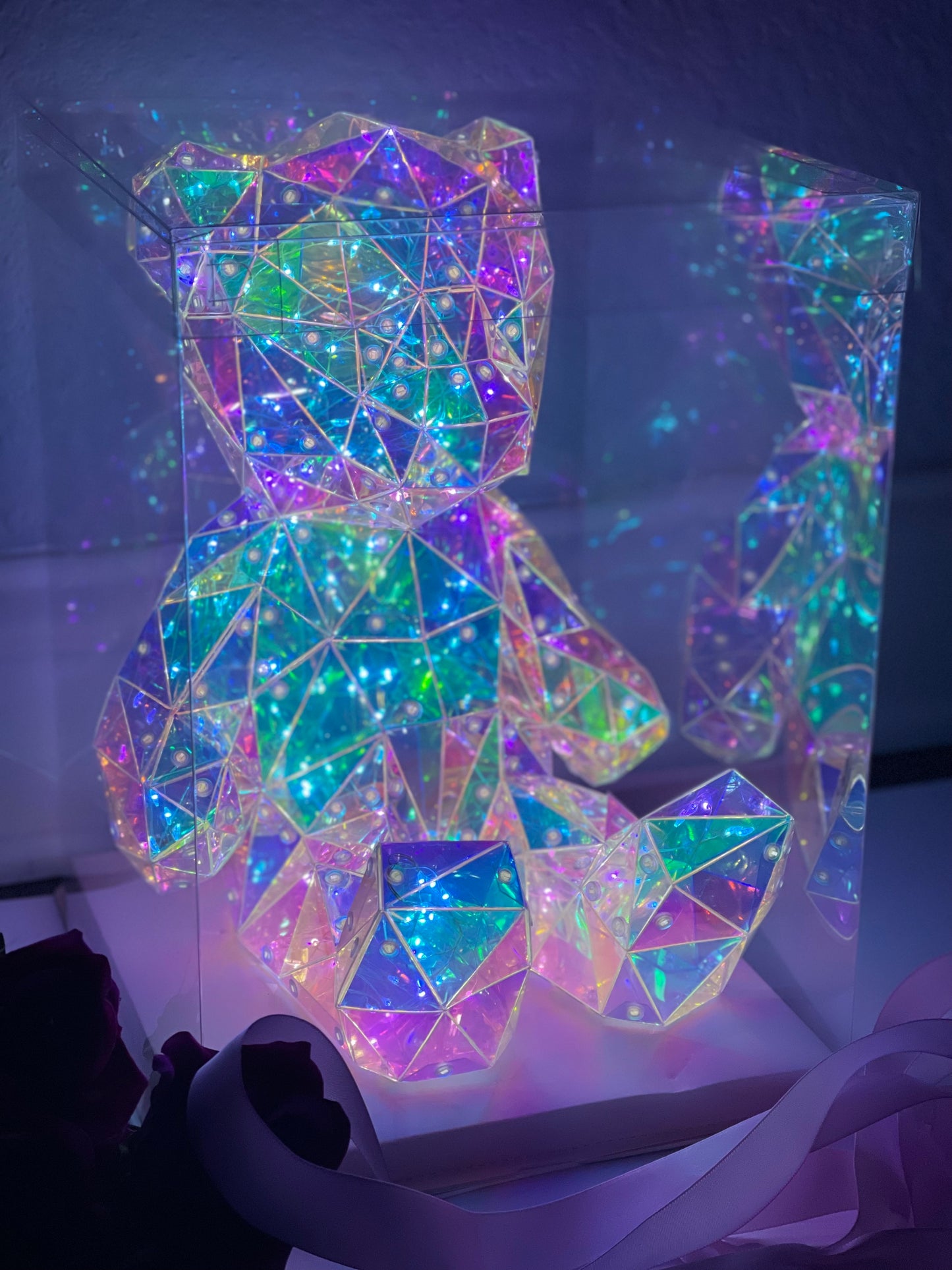 Led Teddy Bead Holographic in Clear Gift Box with ribbons